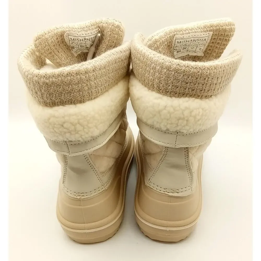 Mishansha Mid-Calf Waterproof Winter Snow Boot for Women Biege SIze 7